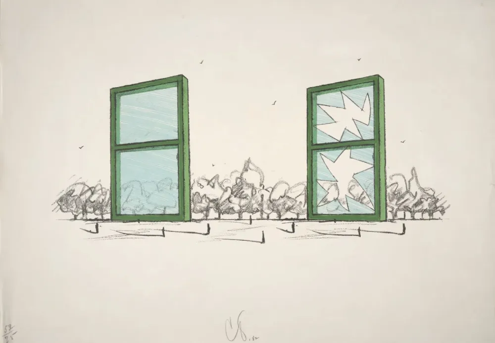 Lithographie Oldenburg - Proposal For A Civic Monument In The Form Of Two Windows