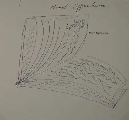 Keine Technische Oppenheim - Widmungszeichnung eines aufgeschlagenen Buches mit Initial R. auf dem Vortitel eines Buchs mit gedrucktem Namen “Meret Oppenheim“