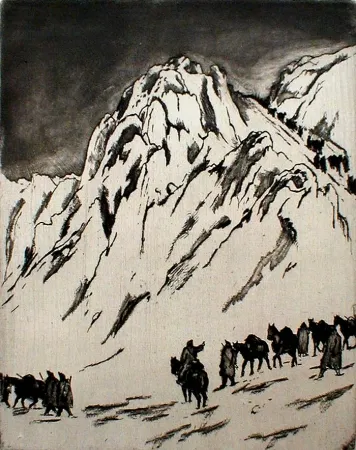 Radierung Orlik - Austrian Munitions Column on Serbian Border