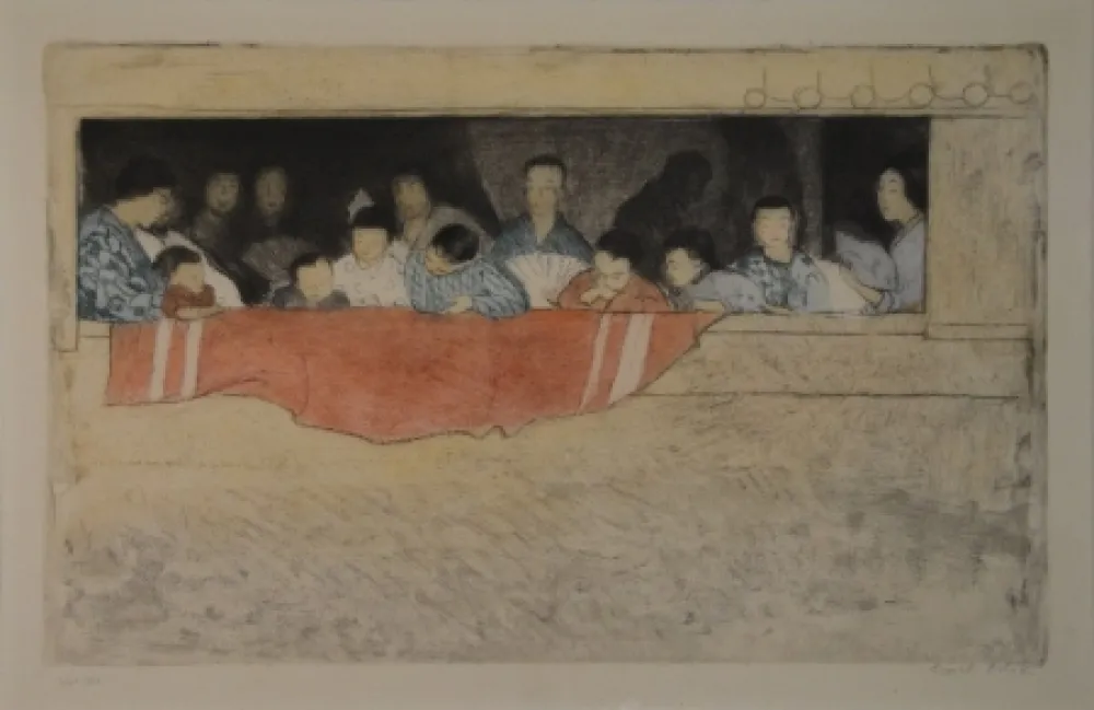 Radierung Orlik - Japanische Kinder als Zuschauer bei einem Umzug