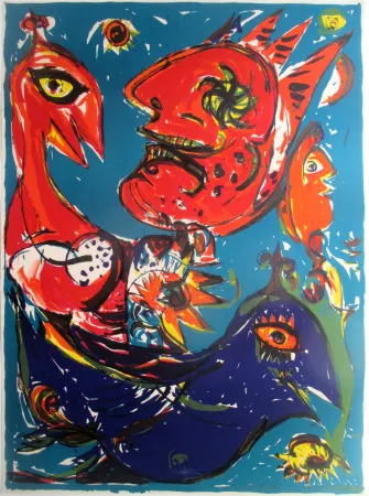Lithographie Pedersen - Les Oiseaux rouge et bleu