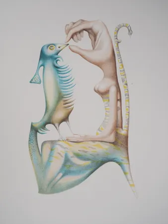 Lithographie Pérahim - L'Alphabet Hébreu : Homme et oiseau