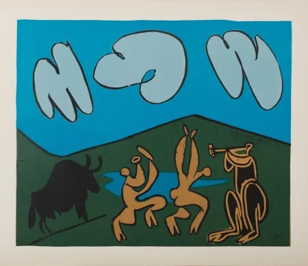 Linolschnitt Picasso - Bacchanale au taureau noir