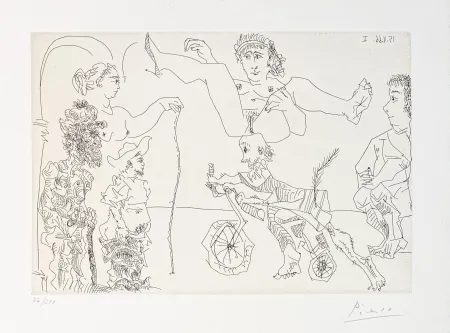 Stich Picasso - Da Le Cocu Maquifique: Femme equilib­riste enlevee par un vieillard barbu a bicyclette devant le cocu et des spectateurs