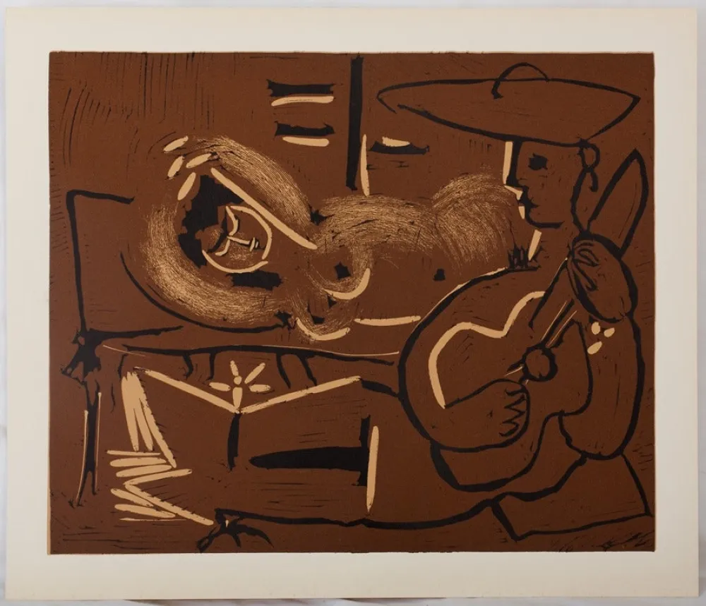 Linolschnitt Picasso - Femme couchée et guitariste au chapeau