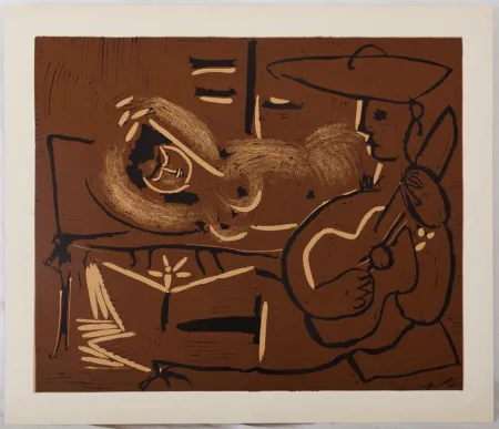 Linolschnitt Picasso - Femme couchée et guitariste au chapeau