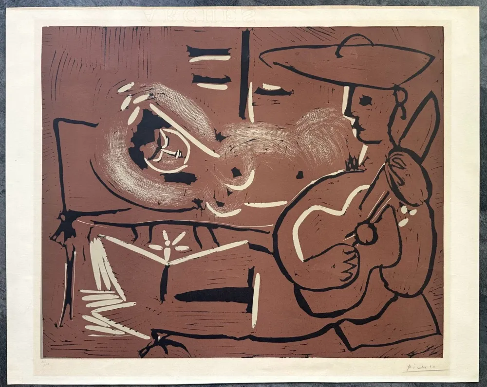 Linolschnitt Picasso - FEMME COUCHÉE ET GUITARISTE. Linogravure originale signée (1959)