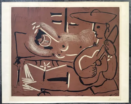 Linolschnitt Picasso - FEMME COUCHÉE ET GUITARISTE. Linogravure originale signée (1959)