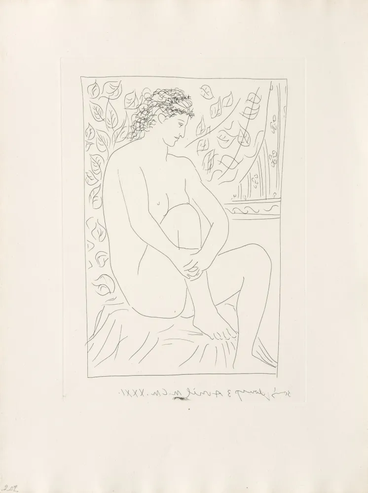 Stich Picasso - Femme nue assise devant un rideau