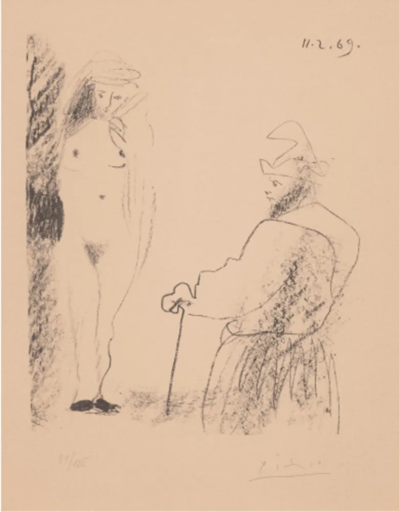 Lithographie Picasso - Femme Nue et Homme à la Canne