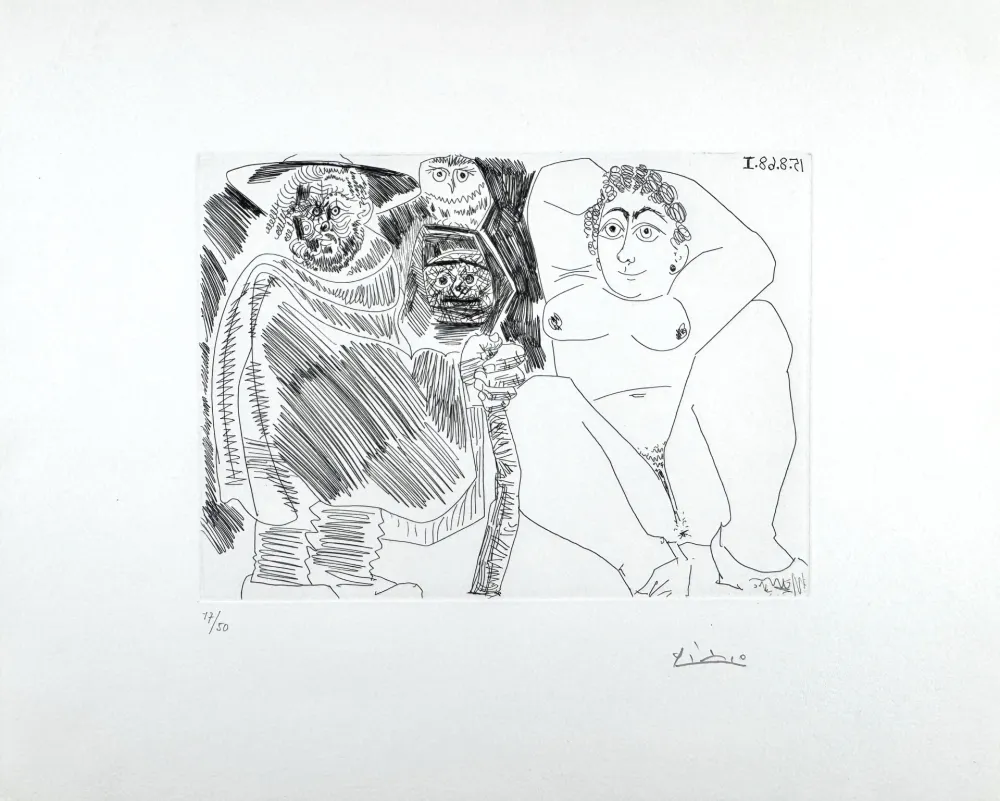 Radierung Picasso - Grosse Prostituée, Sorcière à la Chouette et Voyageur en Sabots 