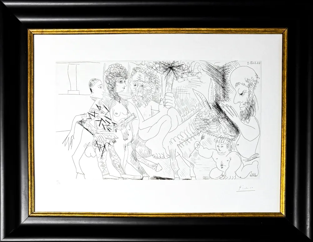 Radierung Picasso - Groupe avec vieillard à la torche sur un âne amoureux, femme et arlequin
