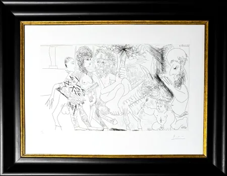 Radierung Picasso - Groupe avec vieillard à la torche sur un âne amoureux, femme et arlequin