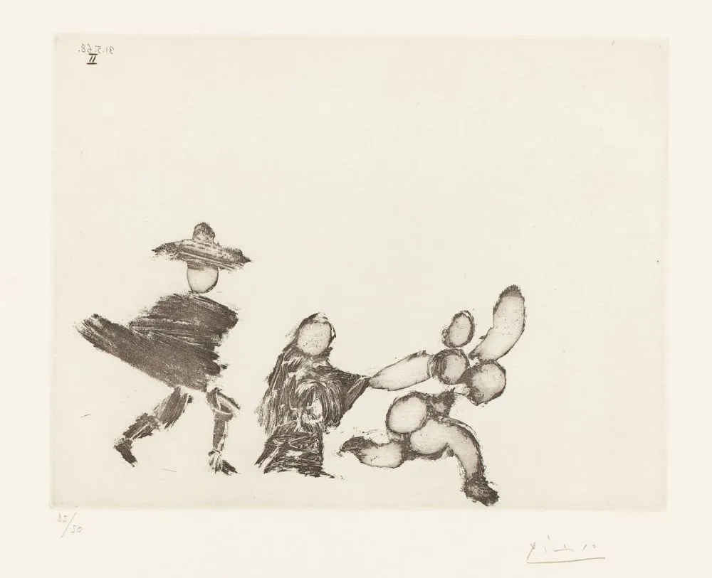 Radierung Picasso - Jeune fille fuyant, avec la célestine et un jeune homme