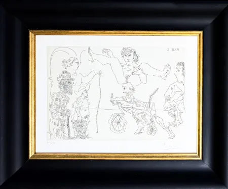 Stich Picasso -  Le Cocu Magnifique: Femme equilib­riste enlevee par un vieillard barbu a bicyclette devant le cocu et des spectateurs