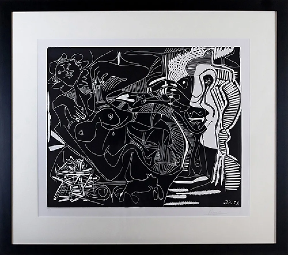 Linolschnitt Picasso - Le Thé: Deux Femmes Nues et une Chat (B. 1851)