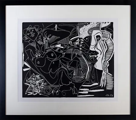 Linolschnitt Picasso - Le Thé: Deux Femmes Nues et une Chat (B. 1851)