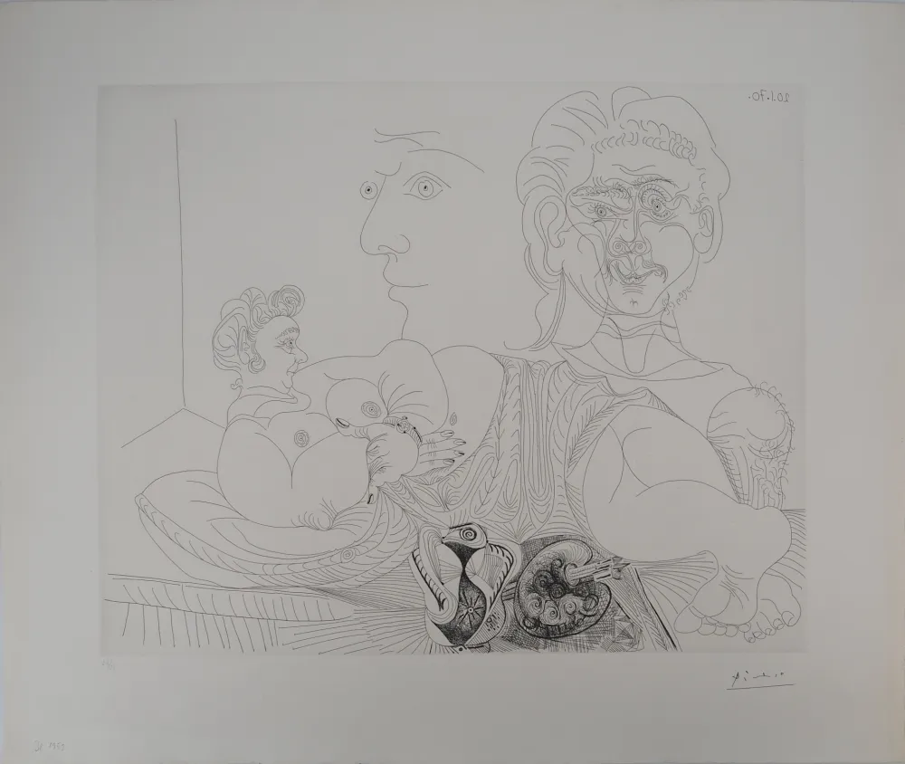 Stich Picasso - Les 156, planche 4 : Vieux modèle pour jeune odalisque, le double regard du peintr