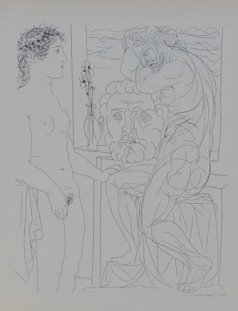 Lithographie Picasso - Modèle nu et Sculptures
