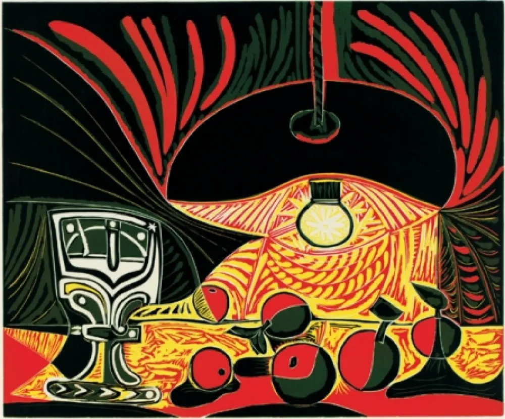 Linolschnitt Picasso - Nature morte au verre sous la lampe