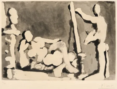 Aquatinta Picasso - Painter and Model with a Sculpture. II