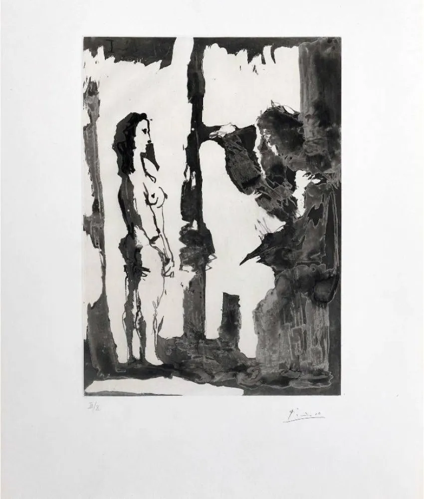 Radierung Und Aquatinta Picasso - Peintre et modèle aux cheveux longs