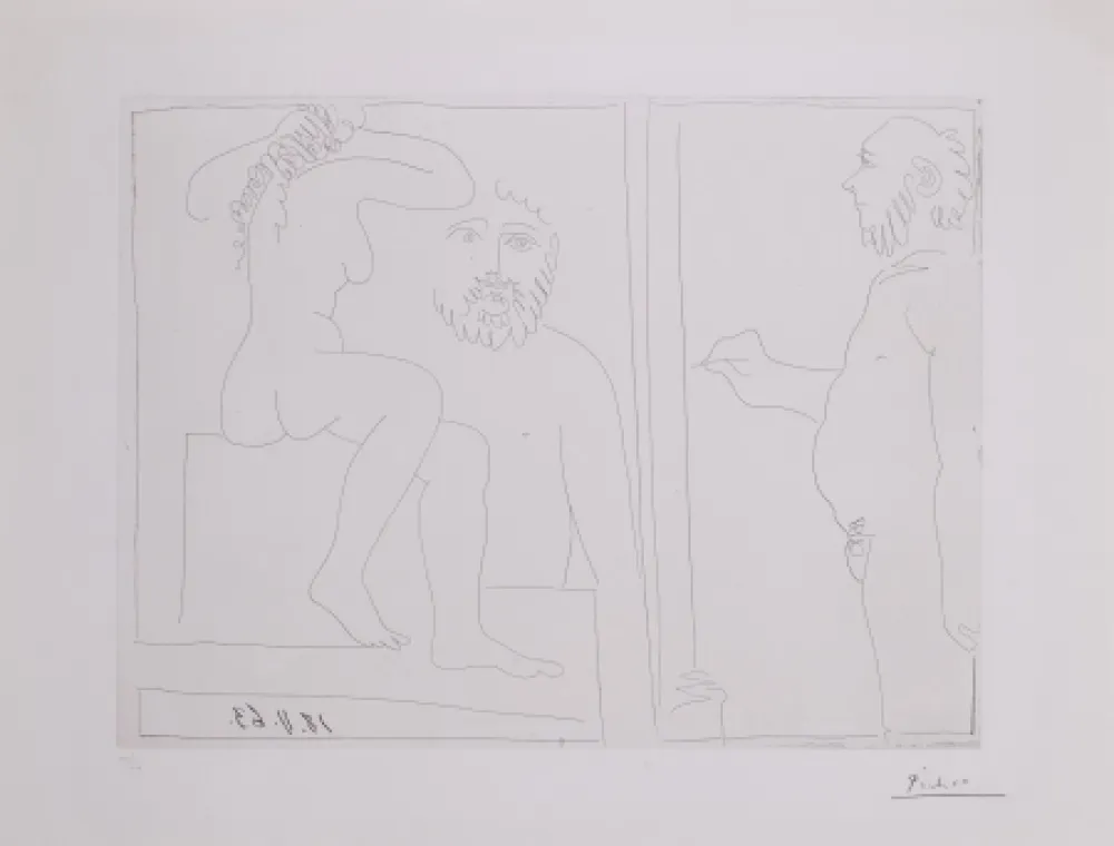 Stich Picasso - Peintre et modele de dos, avec un spectateur