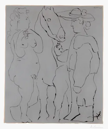 Linolschnitt Picasso - Picador Debout avec son Cheval et une Femme (Picador, Woman and Horse)