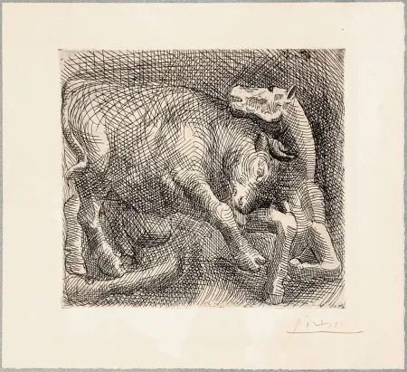 Radierung Picasso - TAUREAU ATTAQUANT UN CHEVAL. Eau-forte originale signée en rouge (1921)