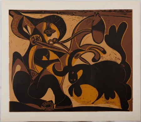 Linolschnitt Picasso - Taureau chargeant un picador (La pique)