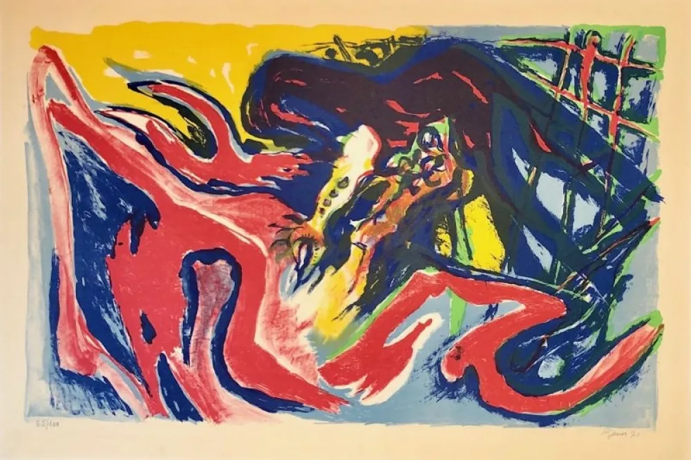 Lithographie Pignon - Grand combat de coqs