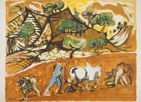 Lithographie Pignon - Le labour à cheval