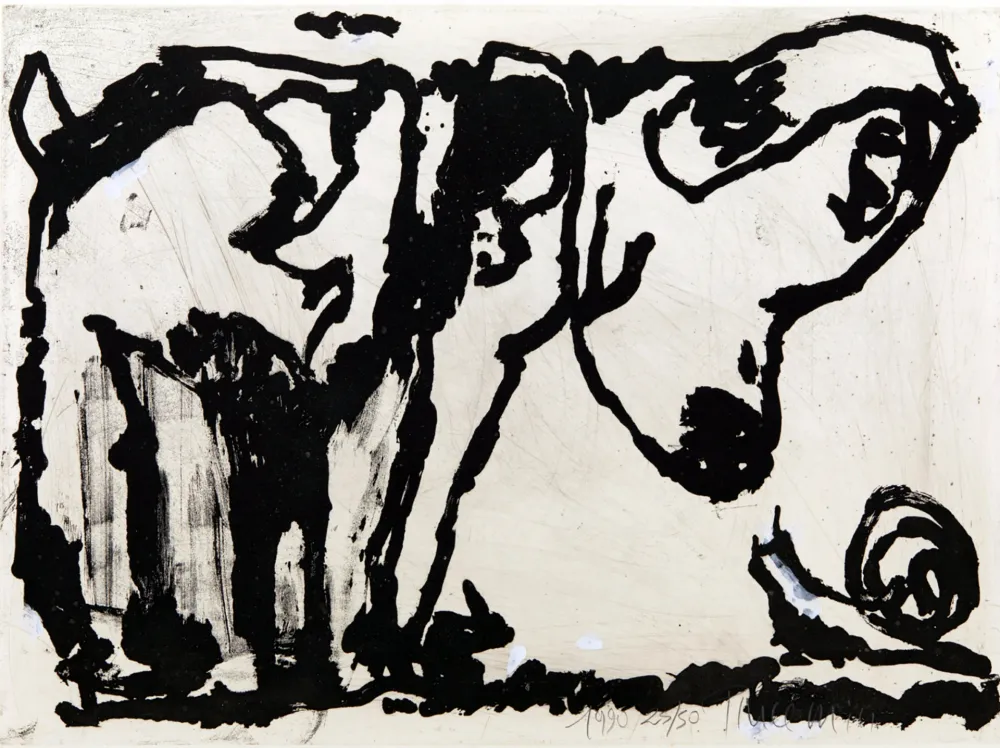 Aquatinta Pincemin - Le chien et l’escargot. Épreuve rehaussée à la gouache (1990)