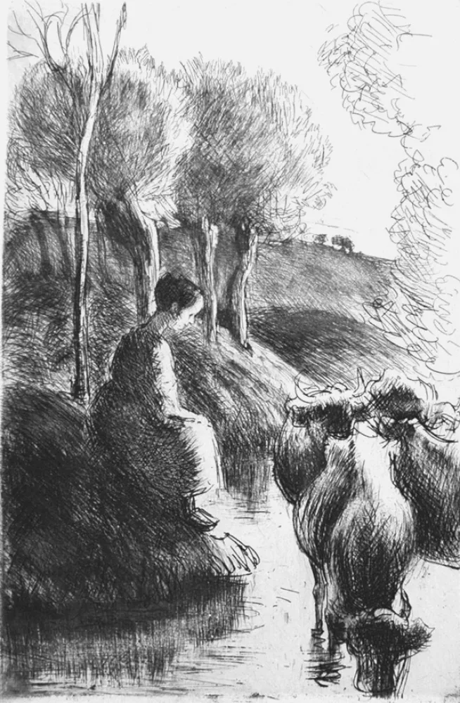 Radierung Pissarro - Vachère au bord de l'eau