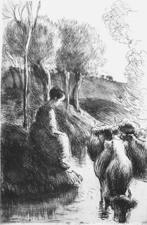 Radierung Pissarro - Vachère au bord de l'eau