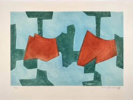 Aquatinta Poliakoff - Composition bleue, verte et rouge XXXIV 