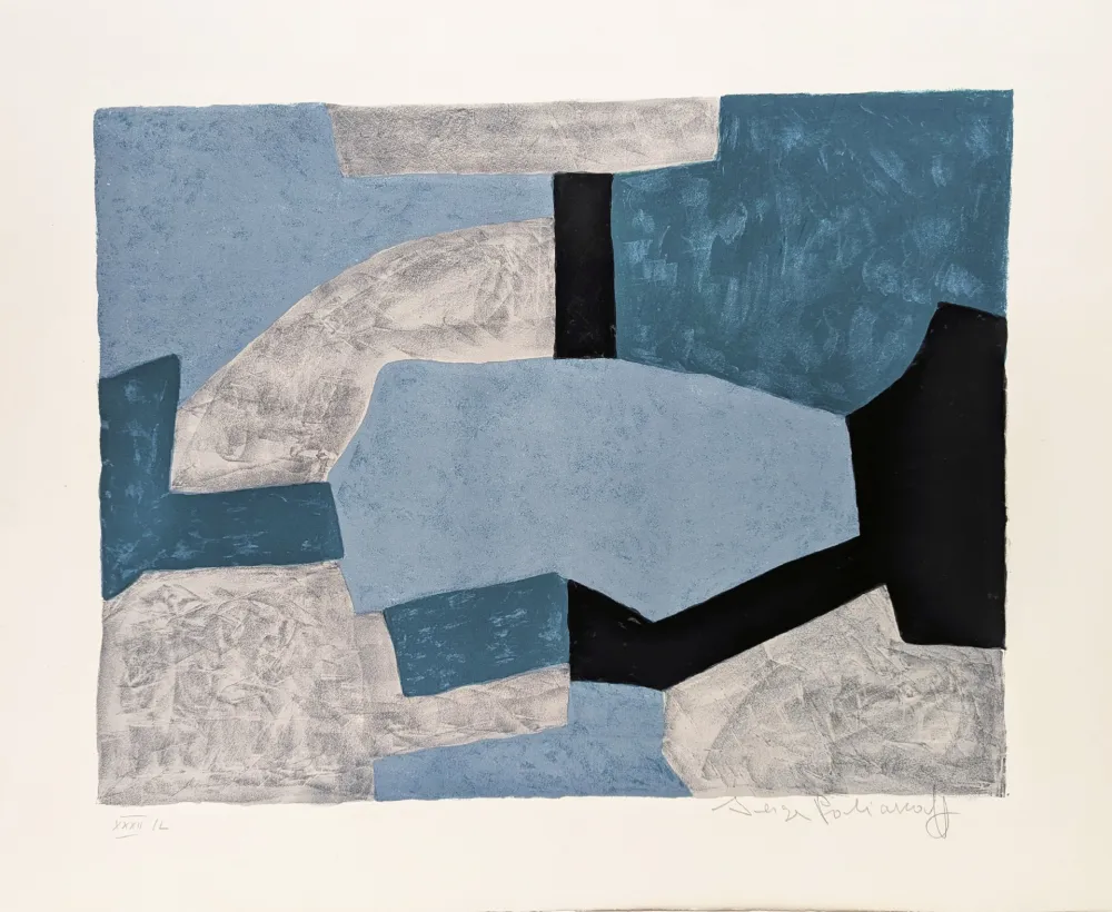Lithographie Poliakoff - Composition grise, verte et bleue L54 