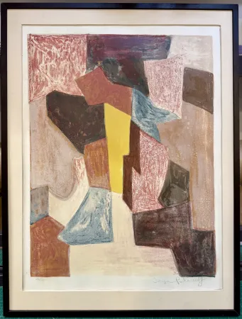 Lithographie Poliakoff - Composition rouge, carmin et jaune, 1958