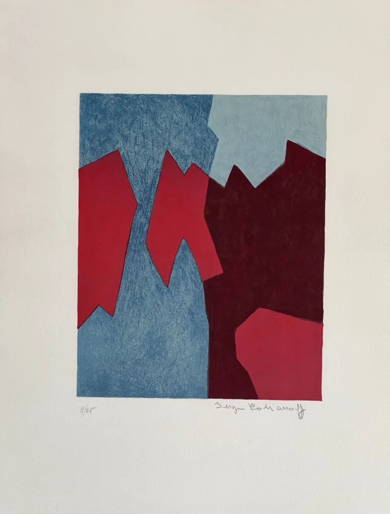 Lithographie Poliakoff - Composition rouge et bleue L68 