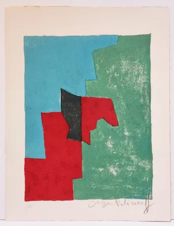 Lithographie Poliakoff - Composition rouge, verte et bleue L32 