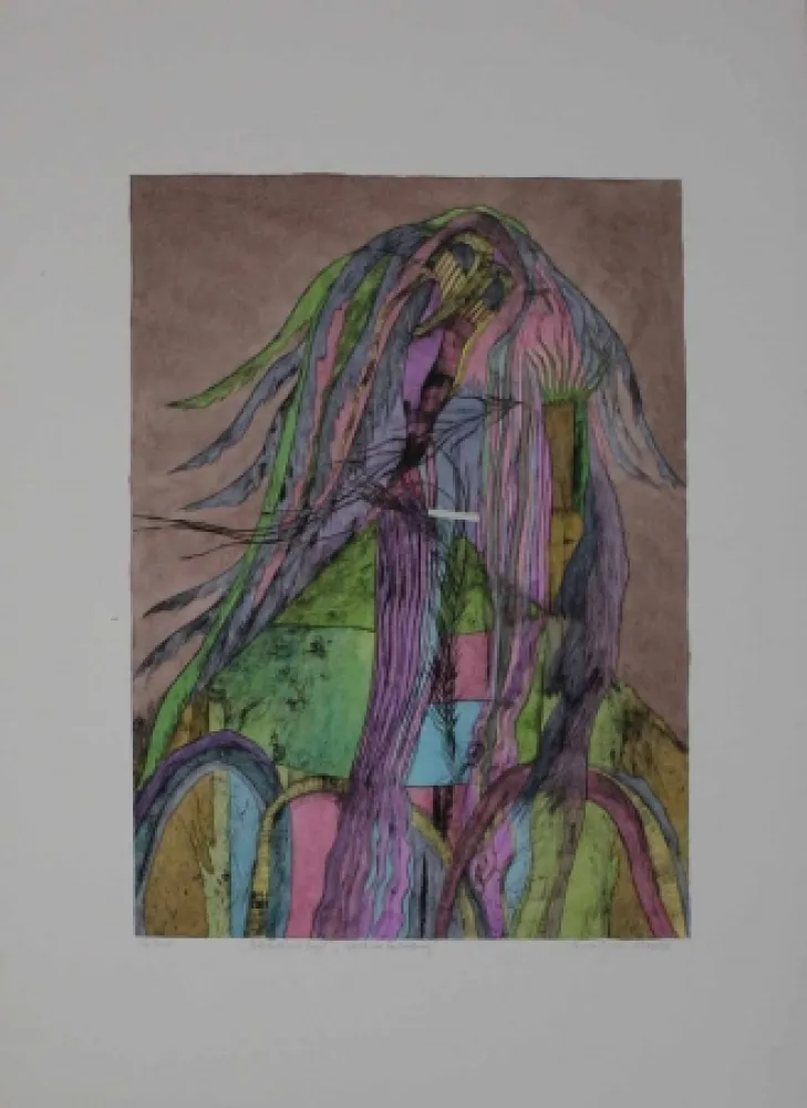 Kaltnadelradierung Pyroth - Pelzhaus mit Engel.  Schutz vor Bedrohung