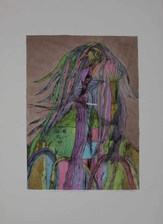 Kaltnadelradierung Pyroth - Pelzhaus mit Engel.  Schutz vor Bedrohung