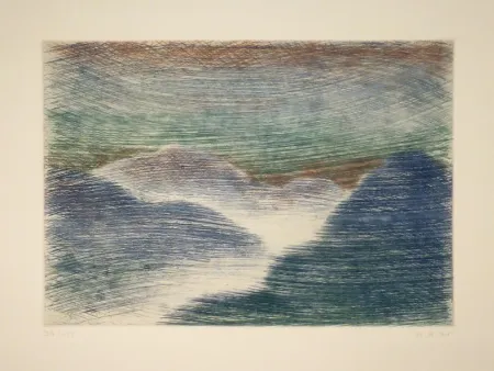 Radierung Raetz - Berglandschaft