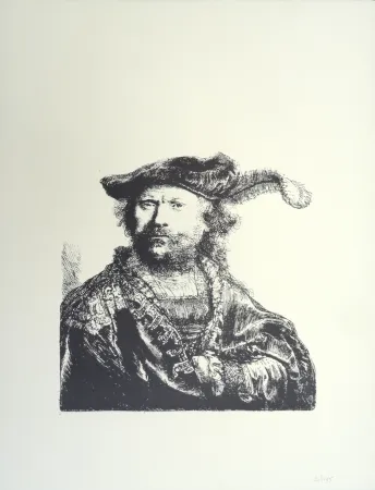 Lithographie Rembrandt - Autoportrait au béret et à la plume