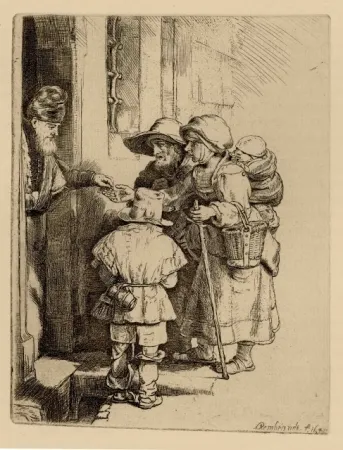 Stich Rembrandt - Beggars Receiving Alms at the Door of a House