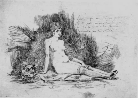Radierung Rops - La petite femme a la fourrure assise