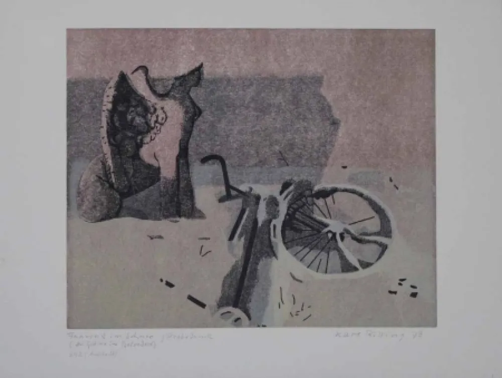 Linolschnitt Rössing - Fahrrad im Schnee (Der Sphinx im Belvedere)