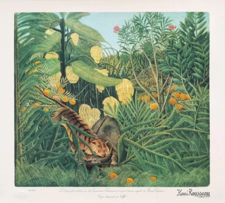 Lithographie Rousseau - Tigre atacando a un búfalo