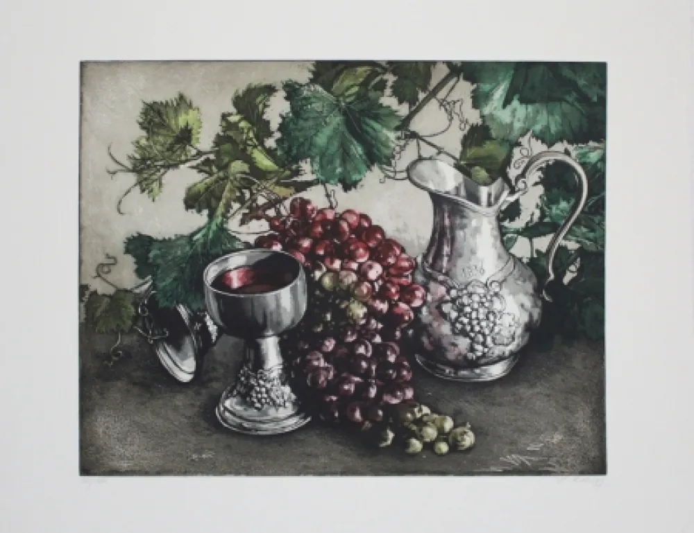 Radierung Und Aquatinta Rusch - Stilleben mit Wein / Still Life with Wine
