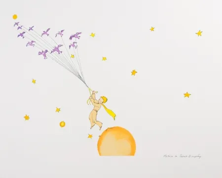 Lithographie Saint-Exupéry - Le Petit Prince en route vers une autre planète